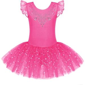 Zaclotre Kid Girls Ruffle Sleeve Ballet Skirted Leotard Shiny Dance Tutu Dresses(Hot Pink)