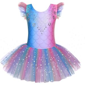 Zaclotre Kid Girls Ruffle Sleeve Ballet Skirted Leotard Shiny Dance Tutu Dresses(Rainbow Mermaid)