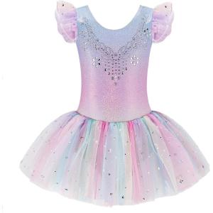 Zaclotre Kid Girls Ruffle Sleeve Ballet Skirted Leotard Shiny Dance Tutu Dresses(Shiny Rainbow)