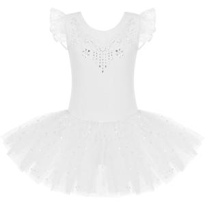 Zaclotre Kid Girls Ruffle Sleeve Ballet Skirted Leotard Shiny Dance Tutu Dresses(White)