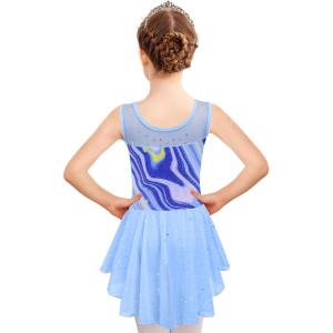 Zaclotre Kid Girls Sparkly Dance Leotard with Skirt Hi-Low Shiny Ballet Dance Dresses(Blue Marble)