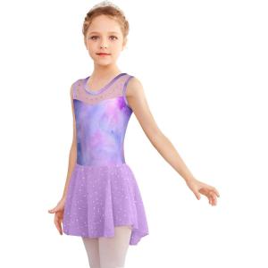 Zaclotre Kid Girls Sparkly Dance Leotard with Skirt Hi-Low Shiny Ballet Dance Dresses(Colorful Dream)