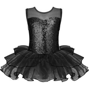 Zaclotre Kids Sequin Ballet Leotards Sleevesless Mesh Tutu Dress Dance Ballerina Outfits(Black)