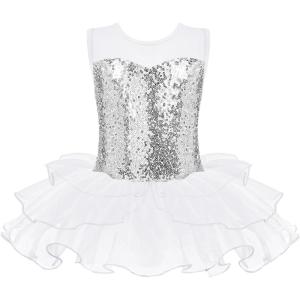 Zaclotre Kids Sequin Ballet Leotards Sleevesless Mesh Tutu Dress Dance Ballerina Outfits(White)