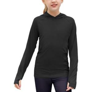 Zaclotre Kids UPF 50+ Sun Shirt Girls Quick Dry Sun Protection Clothing Athletic Hoodie with Thumbholes(Black)