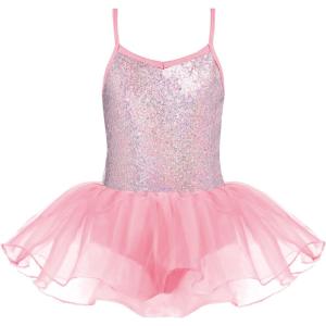 Zaclotre Little Girls Sequin Leotard Sparkly Strap Ballet Leotards Tutu Dress Ballerina Outfit Dance Costume for Kids(Pink)