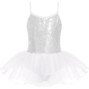 Zaclotre Little Girls Sequin Leotard Sparkly Strap Ballet Leotards Tutu Dress Ballerina Outfit Dance Costume for Kids(White)