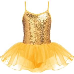 Zaclotre Little Girls Sequin Leotard Sparkly Strap Ballet Leotards Tutu Dress Ballerina Outfit Dance Costume for Kids(Yellow)