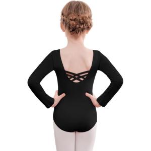 Zaclotre Team Basic Leotards for Girls Long Sleeve Crisscross Ballet Dance Gymnastic Outfits for Kids(Black)