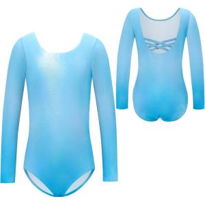 Zaclotre Team Basic Leotards for Girls Long Sleeve Crisscross Ballet Dance Gymnastic Outfits for Kids(Sparkle Blue)