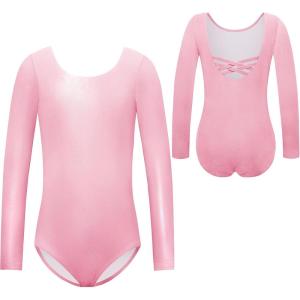 Zaclotre Team Basic Leotards for Girls Long Sleeve Crisscross Ballet Dance Gymnastic Outfits for Kids(Sparkle Pink)
