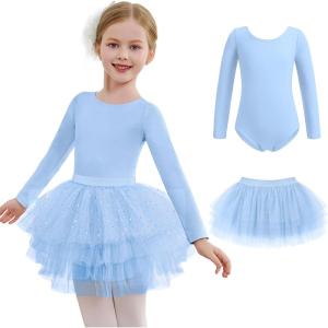 Zaclotre Toddler Girls Ballet Leotards with Tutu 4-Layers Tiered Long Sleeve Ballerina Dance Costumes(Blue)