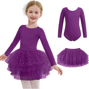 Zaclotre Toddler Girls Ballet Leotards with Tutu 4-Layers Tiered Long Sleeve Ballerina Dance Costumes(Dark Purple)