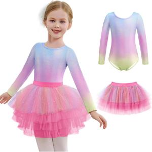Zaclotre Toddler Girls Ballet Leotards with Tutu 4-Layers Tiered Long Sleeve Ballerina Dance Costumes(Gradient Rainbow)