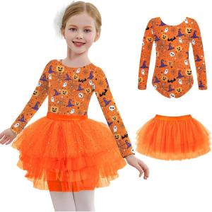 Zaclotre Toddler Girls Ballet Leotards with Tutu 4-Layers Tiered Long Sleeve Ballerina Dance Costumes(Halloween Orange)