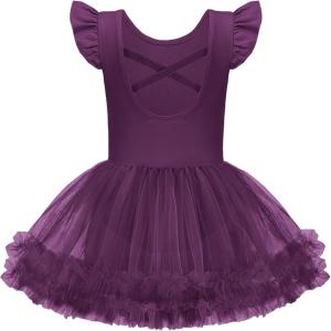 Zaclotre Tutu Dance Dresses for Girls Ruffle Sleeve Criss-Cross Back Ballet Leotards Toddler Ballerina Costume(Dark Purple)