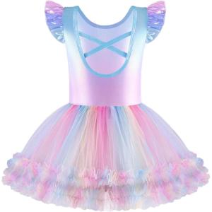Zaclotre Tutu Dance Dresses for Girls Ruffle Sleeve Criss-Cross Back Ballet Leotards Toddler Ballerina Costume(Rainbow)