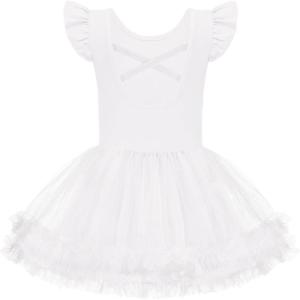 Zaclotre Tutu Dance Dresses for Girls Ruffle Sleeve Criss-Cross Back Ballet Leotards Toddler Ballerina Costume(White)