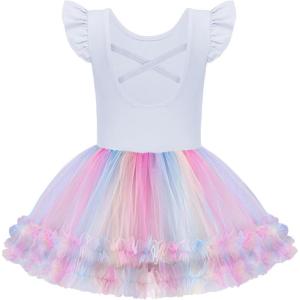 Zaclotre Tutu Dance Dresses for Girls Ruffle Sleeve Criss-Cross Back Ballet Leotards Toddler Ballerina Costume(White-rainbow)