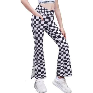 Zaclotre Girls’ Flare Leggings with Split Hem Cross High Waist Yoga Bootcut Athletic Kid Bell Bottom Pants with Pockets(Plaid Black and White)