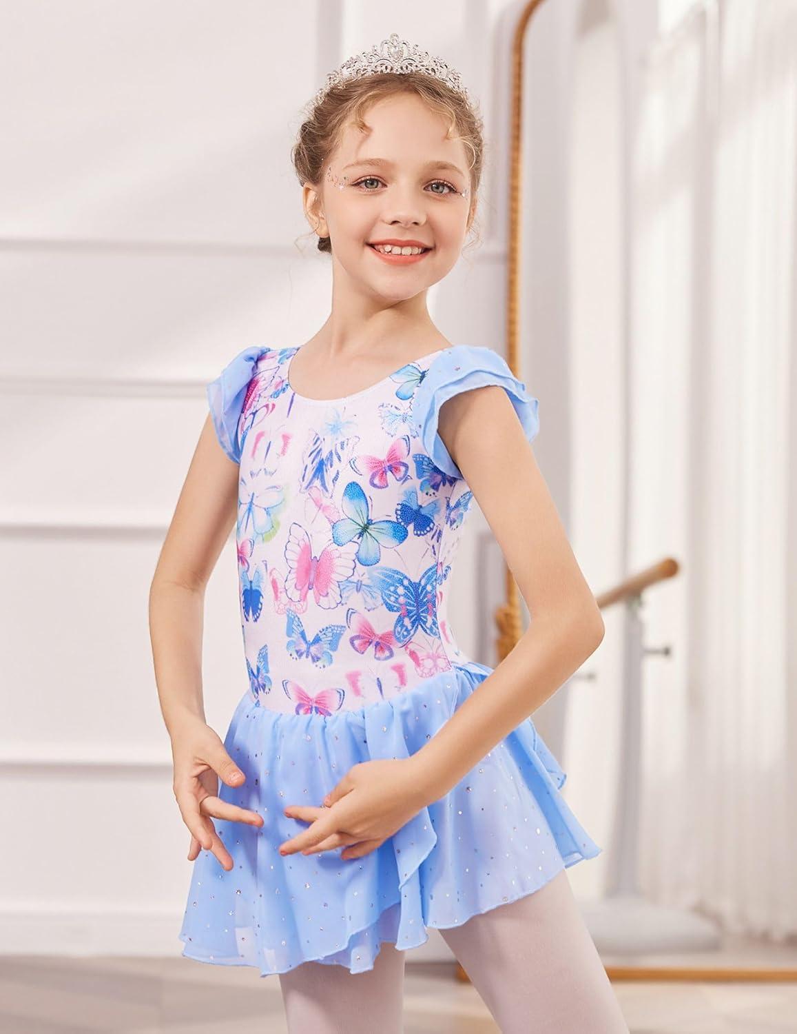 imageZaclotre Girls Ruffle Sleeve Ballet Leotards with Shiny Skirts Crisscross Back Dance Outfits Toddler Tutu DressButterfly