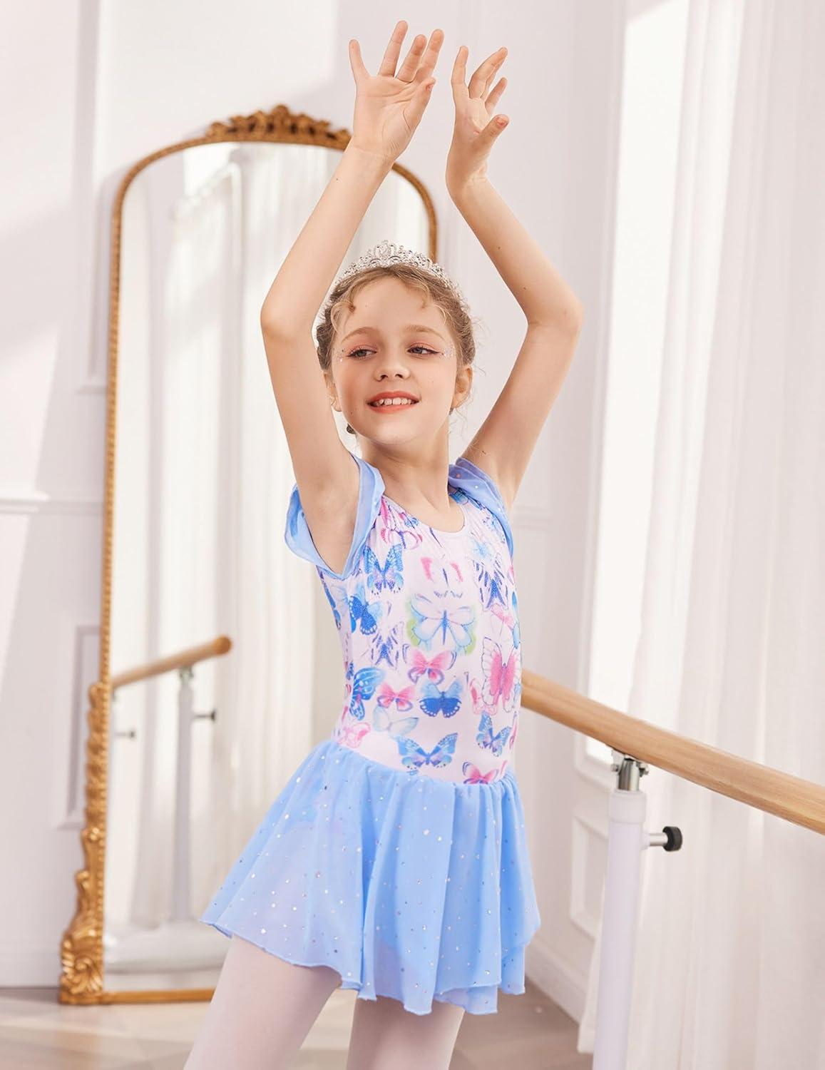 imageZaclotre Girls Ruffle Sleeve Ballet Leotards with Shiny Skirts Crisscross Back Dance Outfits Toddler Tutu DressButterfly