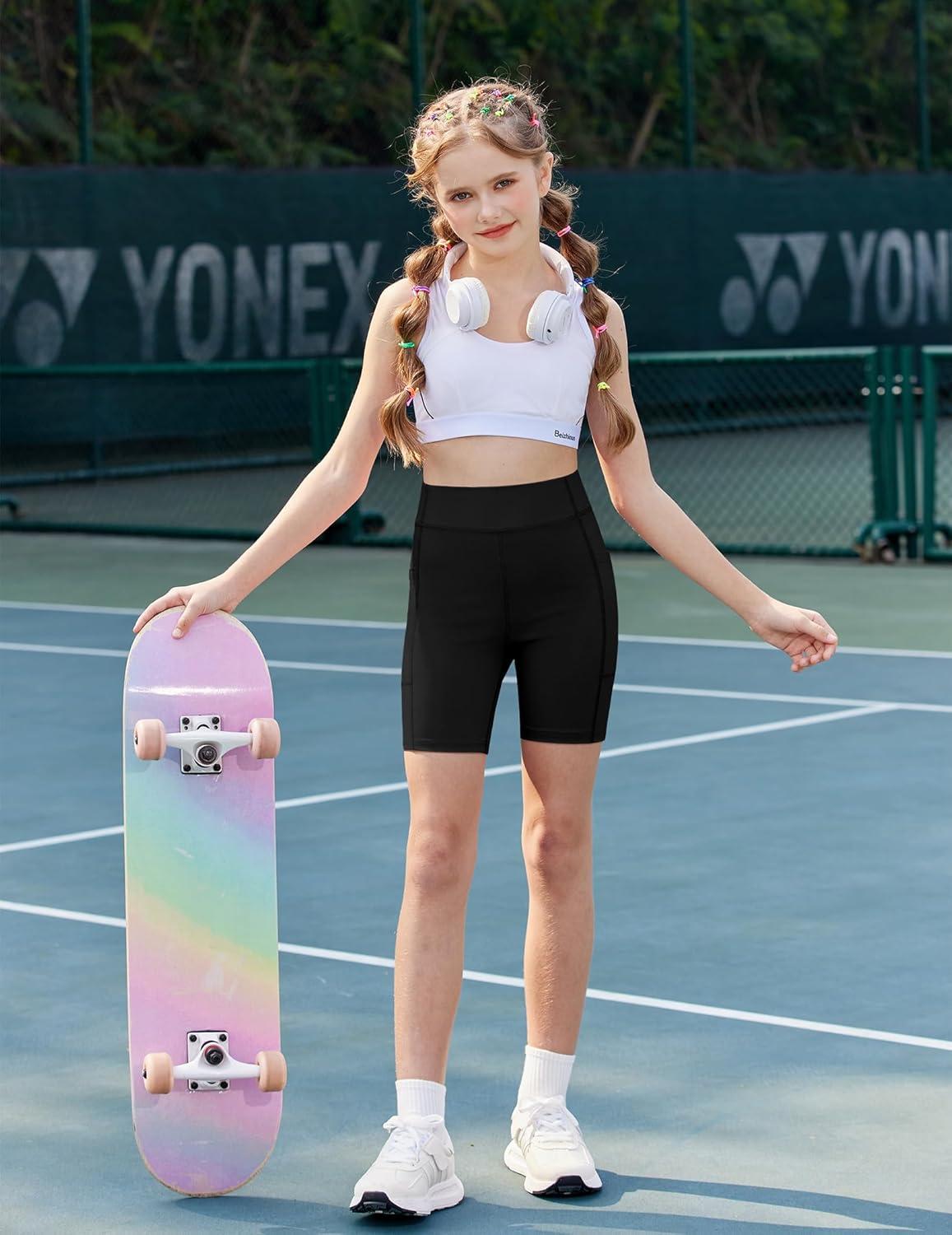 image:imageZaclotre Girls Bike Shorts with Pockets Kids 5 High Waisted Yoga Workout Athletic Running Volleyball Spandex ShortsBlackBlack