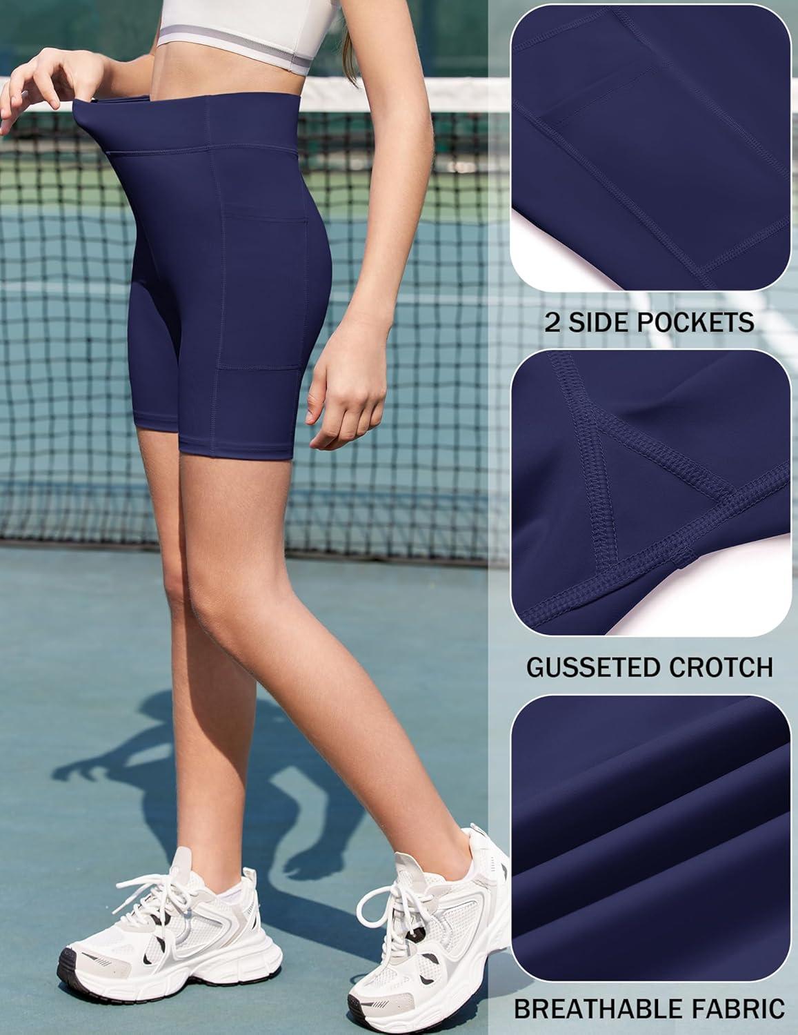 image:imageZaclotre Girls Bike Shorts with Pockets Kids 5 High Waisted Yoga Workout Athletic Running Volleyball Spandex ShortsNavy Blue