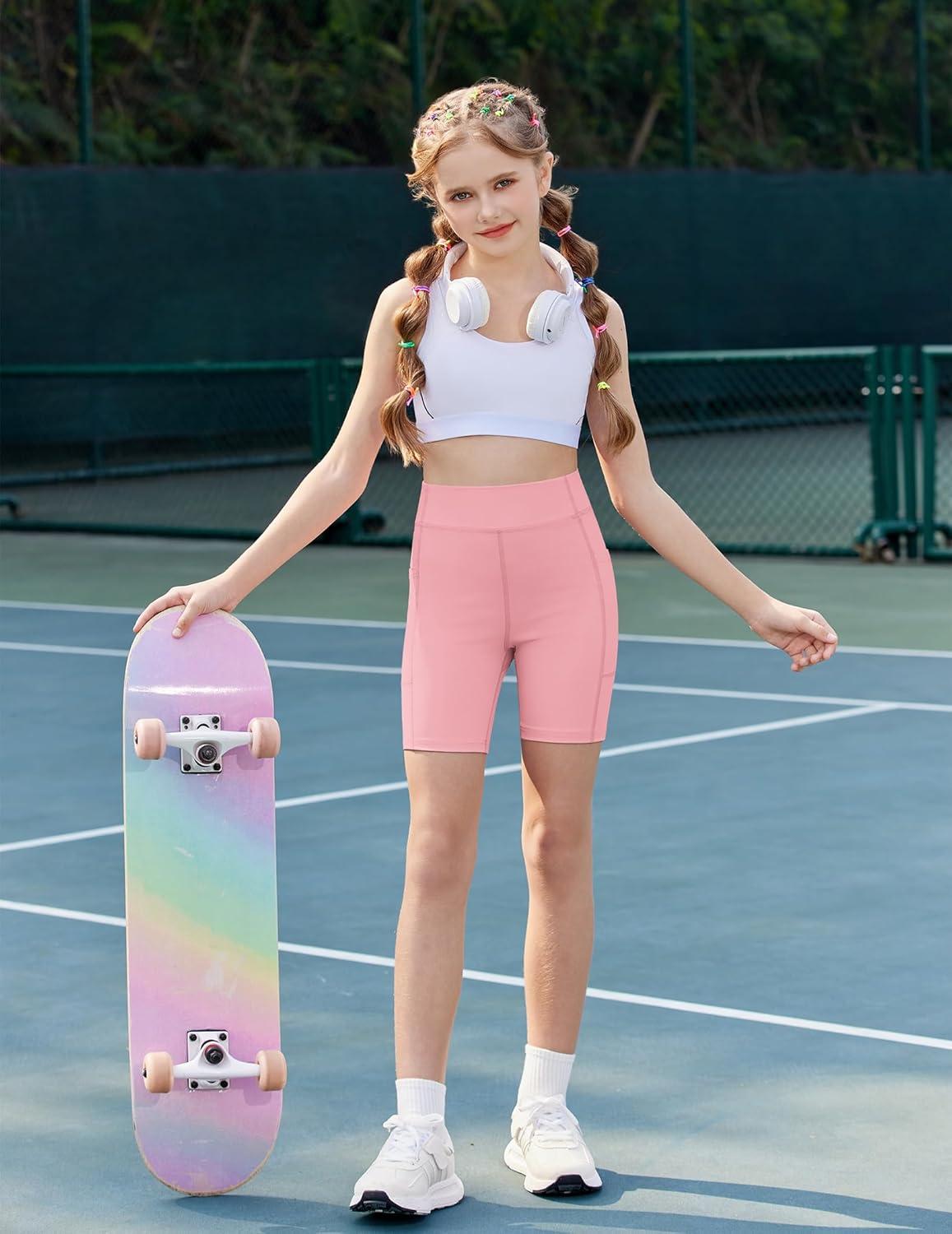 image:imageZaclotre Girls Bike Shorts with Pockets Kids 5 High Waisted Yoga Workout Athletic Running Volleyball Spandex ShortsPink