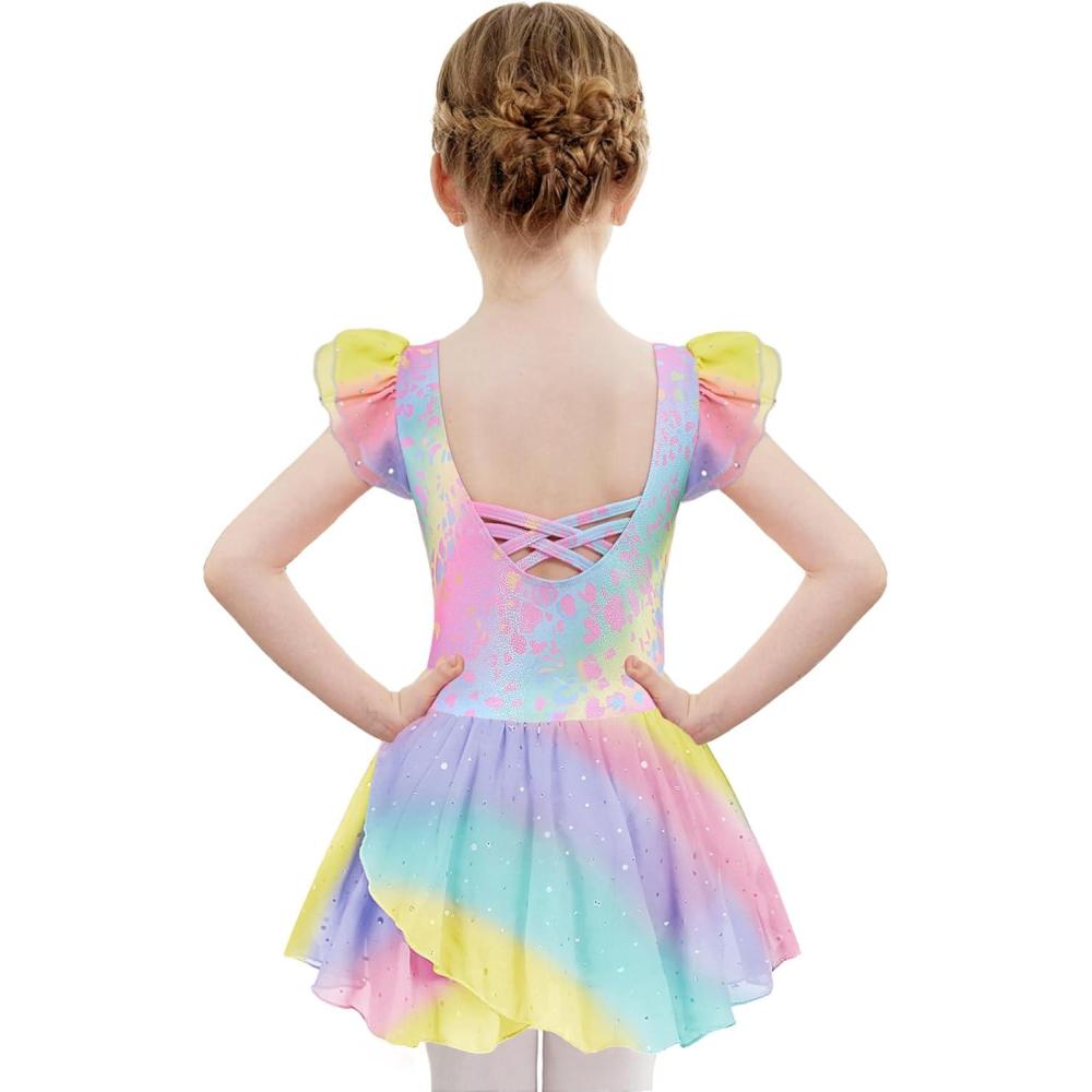 image:imageZaclotre Girls Ruffle Sleeve Ballet Leotards with Shiny Skirts Crisscross Back Dance Outfits Toddler Tutu DressRainbow Leopard