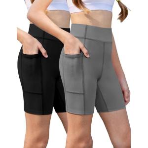 Zaclotre Girls Bike Shorts with Pockets Kids 5″ High Waisted Yoga Workout Athletic Running Volleyball Spandex Shorts(Black/Grey)