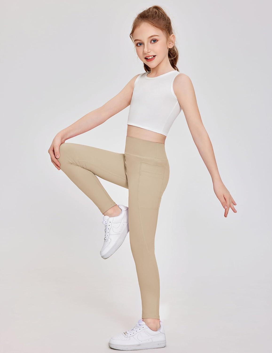 image:imageZaclotre Girls Athletic Leggings with 4 Pockets High Waist Tights Kids Workout Yoga Pants for Running DanceKhaki