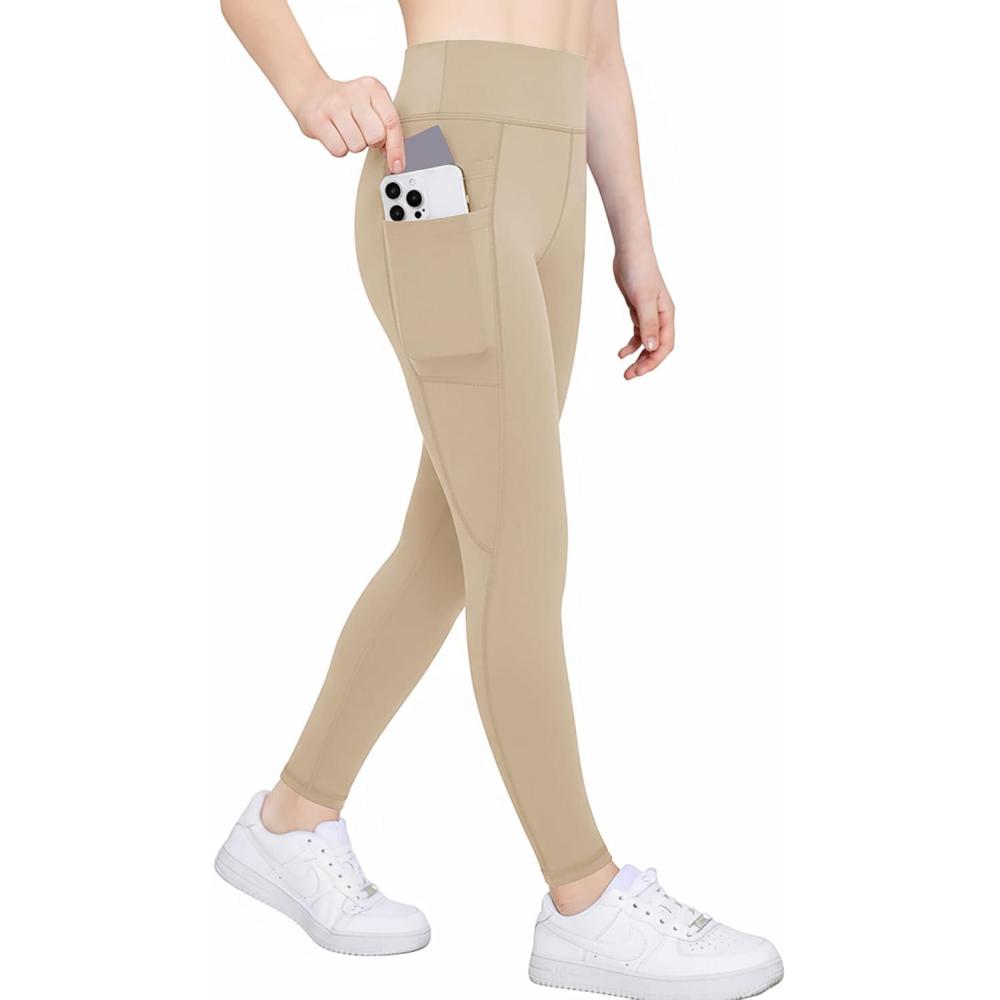 image:imageZaclotre Girls Athletic Leggings with 4 Pockets High Waist Tights Kids Workout Yoga Pants for Running DanceKhaki
