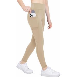 Zaclotre Girls Athletic Leggings with 4 Pockets High Waist Tights Kids Workout Yoga Pants for Running Dance(Khaki)