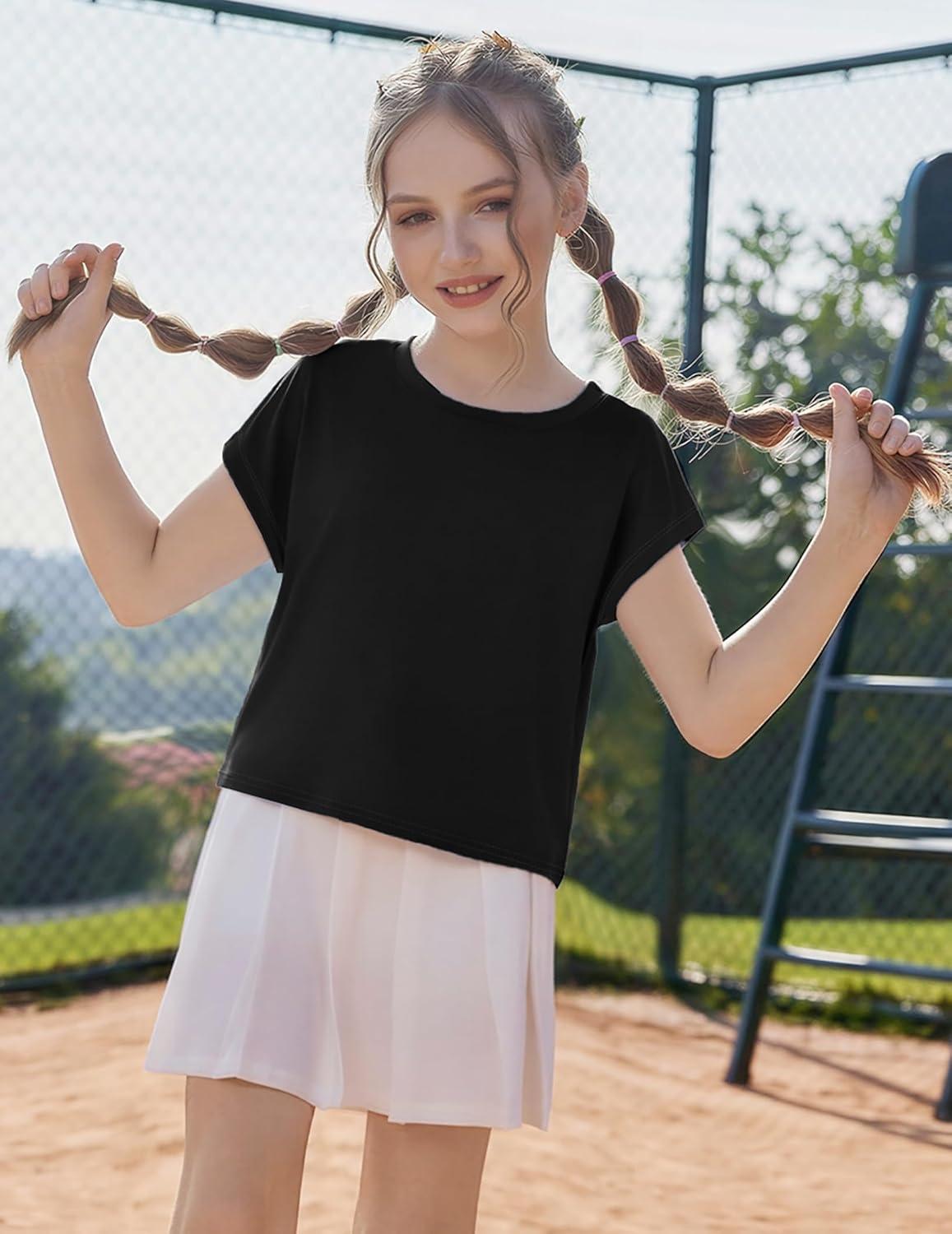 image:imageZaclotre Girls Crop Tops Batwing Short Sleeve T Shirt Quick Dry Drop Shoulder Basic Tees Workout Athletic ShirtsBlack