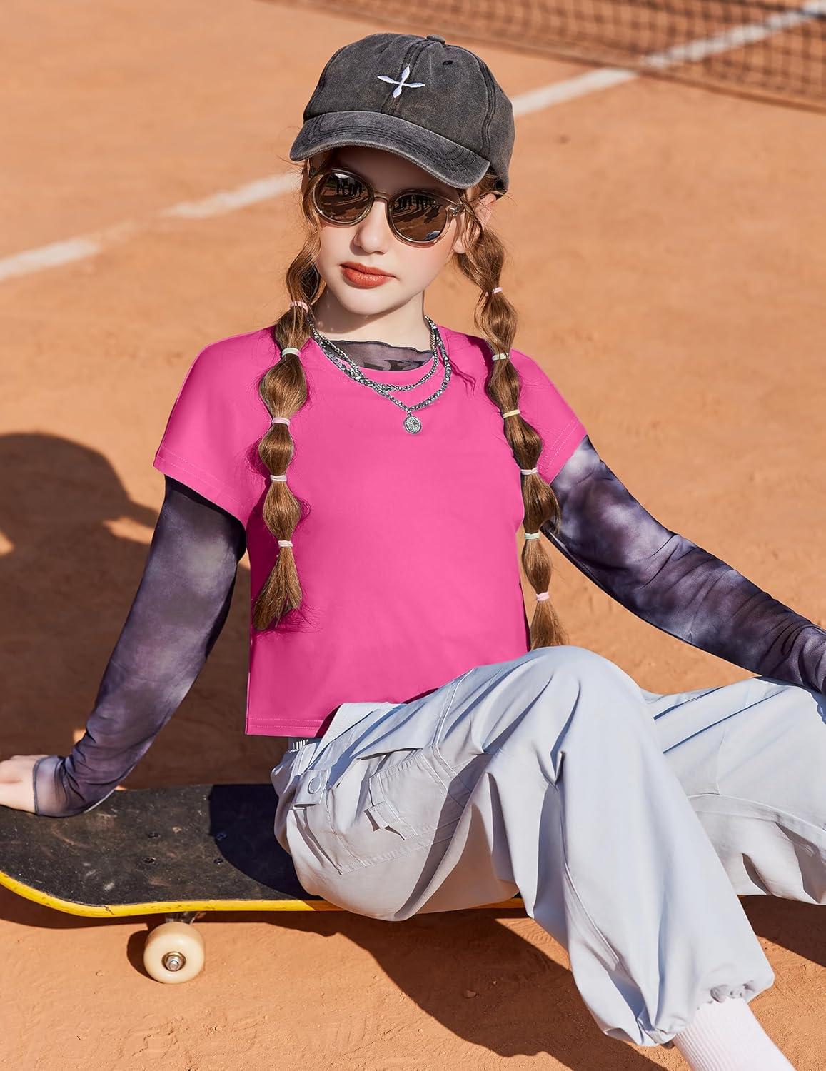 image:imageZaclotre Girls Crop Tops Batwing Short Sleeve T Shirt Quick Dry Drop Shoulder Basic Tees Workout Athletic ShirtsHot Pink
