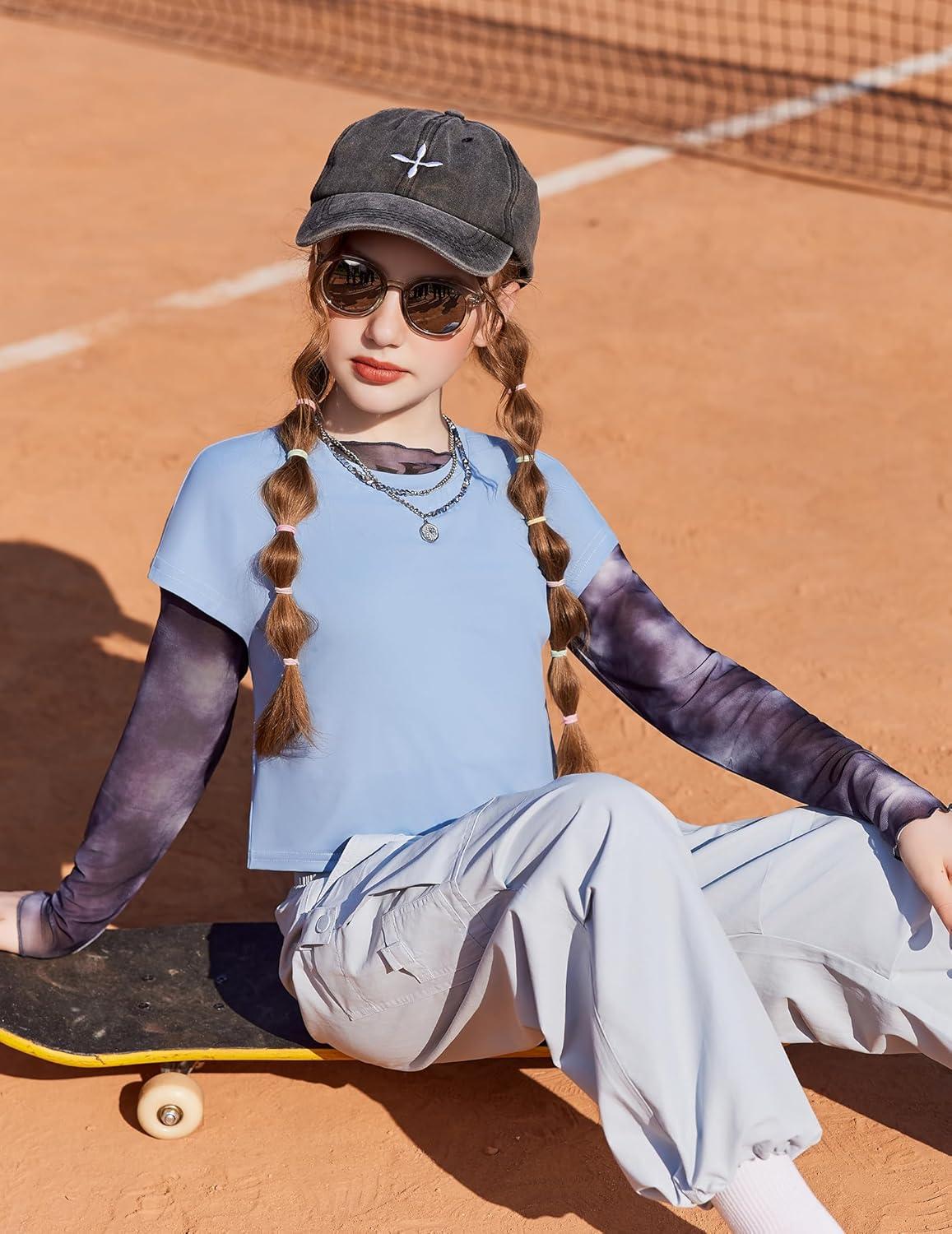 image:imageZaclotre Girls Crop Tops Batwing Short Sleeve T Shirt Quick Dry Drop Shoulder Basic Tees Workout Athletic ShirtsLight Blue