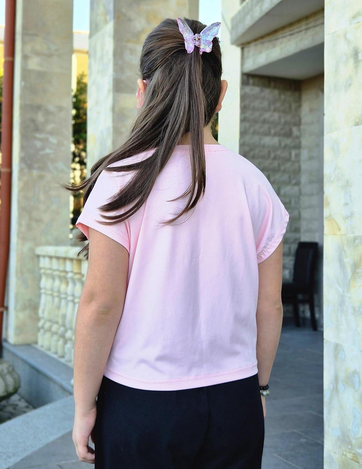 image:imageZaclotre Girls Crop Tops Batwing Short Sleeve T Shirt Quick Dry Drop Shoulder Basic Tees Workout Athletic ShirtsPink