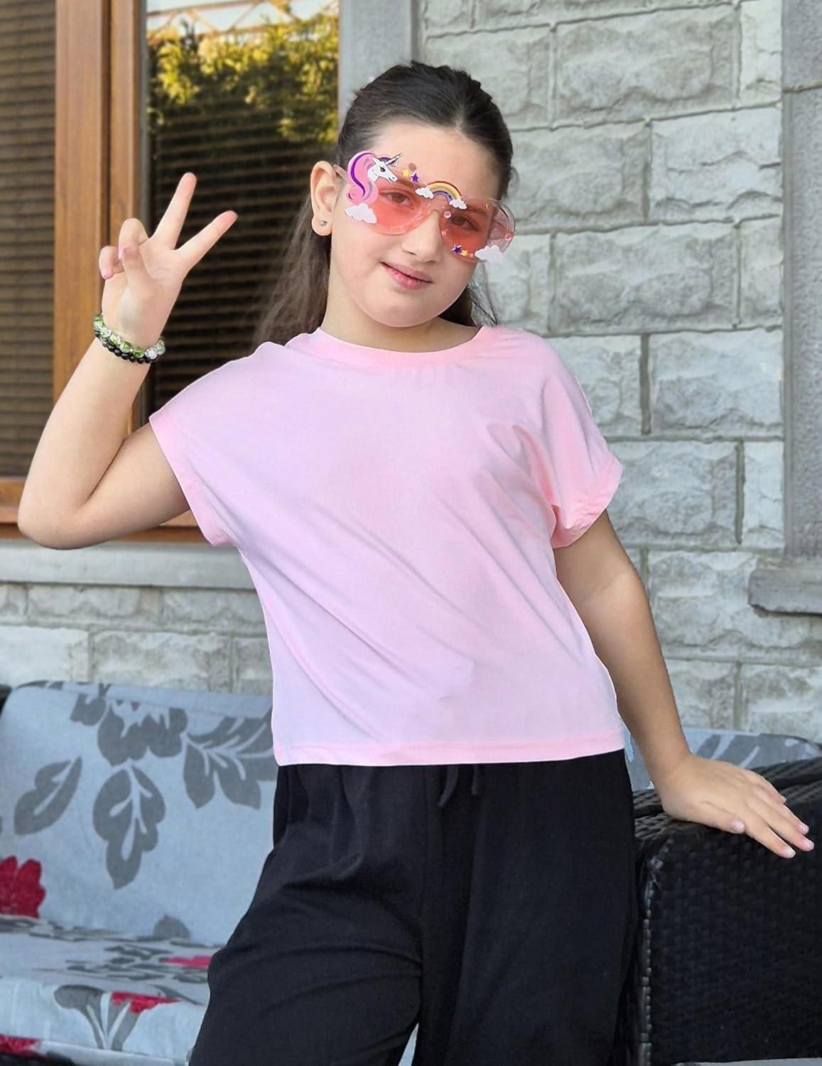 image:imageZaclotre Girls Crop Tops Batwing Short Sleeve T Shirt Quick Dry Drop Shoulder Basic Tees Workout Athletic ShirtsPink