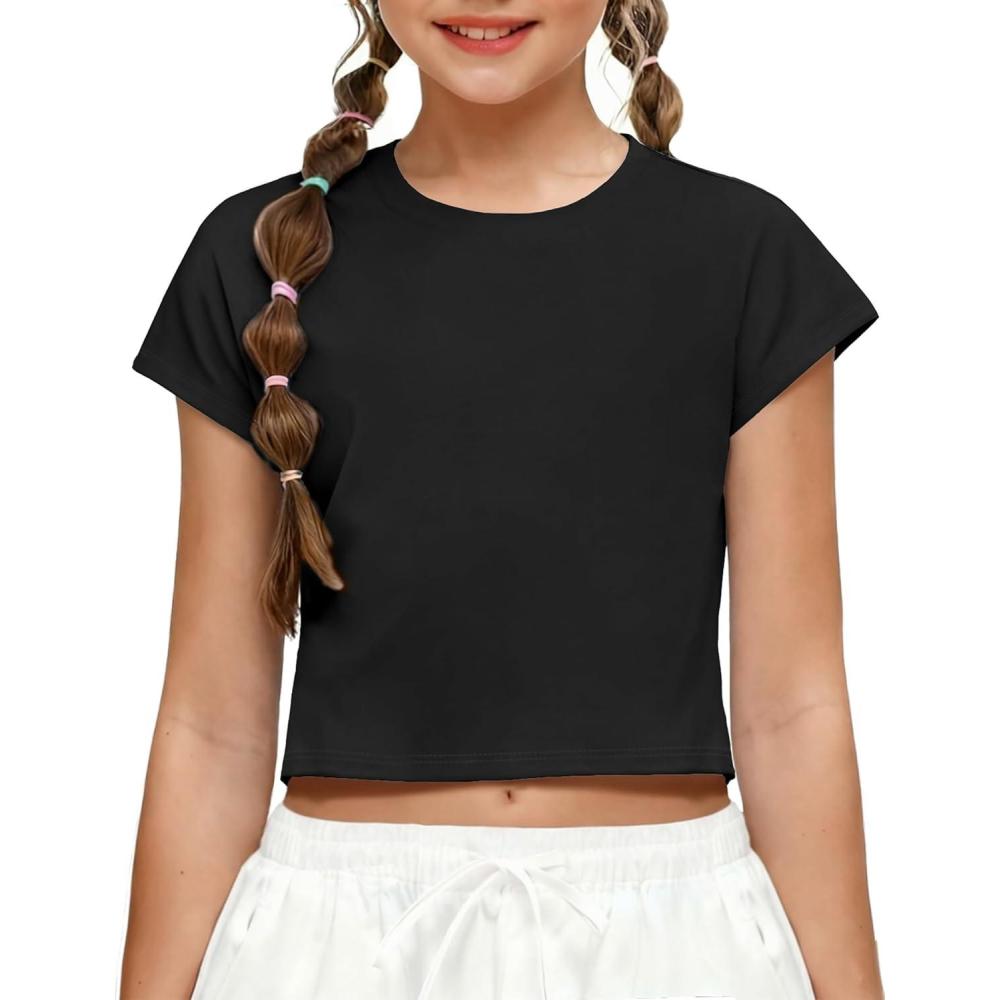 image:imageZaclotre Girls Crop Tops Batwing Short Sleeve T Shirt Quick Dry Drop Shoulder Basic Tees Workout Athletic ShirtsBlack
