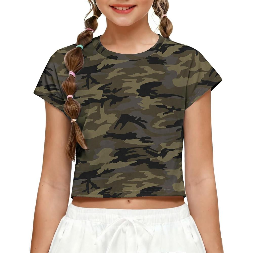 image:imageZaclotre Girls Crop Tops Batwing Short Sleeve T Shirt Quick Dry Drop Shoulder Basic Tees Workout Athletic ShirtsCamouflage