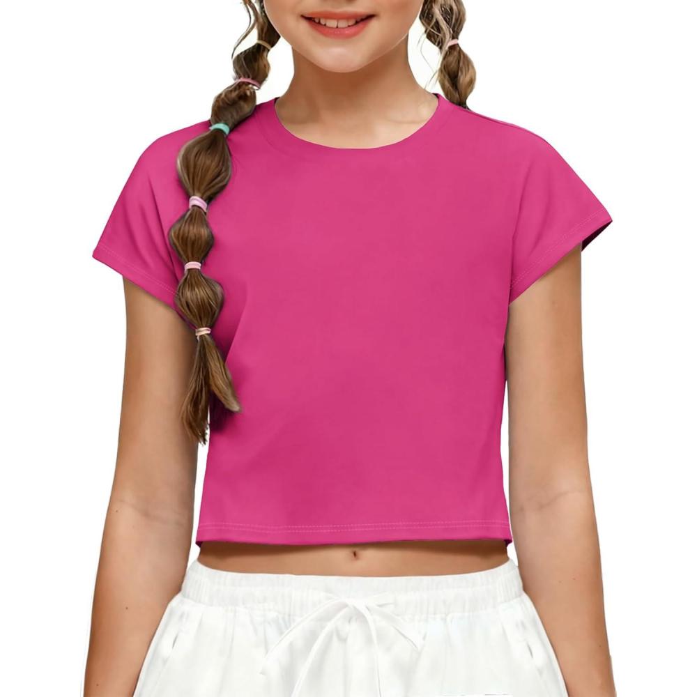 image:imageZaclotre Girls Crop Tops Batwing Short Sleeve T Shirt Quick Dry Drop Shoulder Basic Tees Workout Athletic ShirtsHot Pink