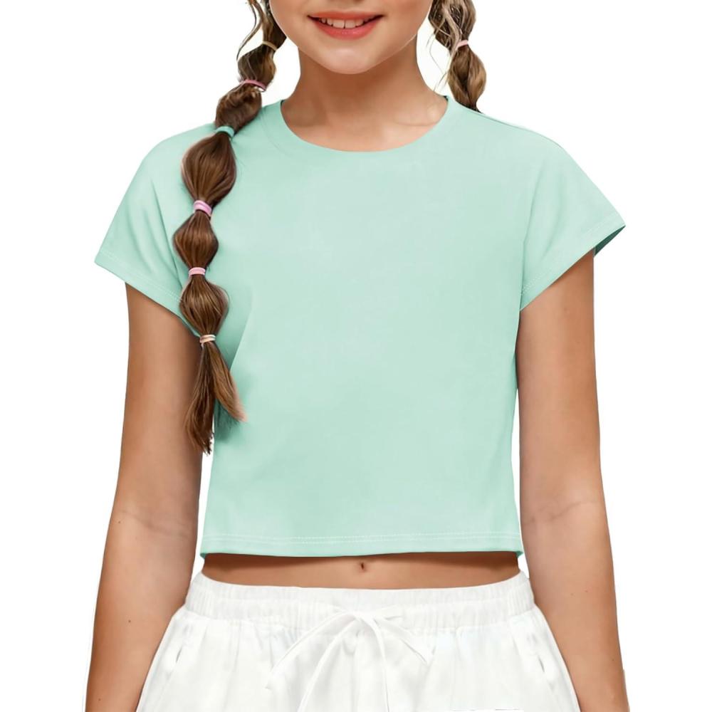 image:imageZaclotre Girls Crop Tops Batwing Short Sleeve T Shirt Quick Dry Drop Shoulder Basic Tees Workout Athletic ShirtsIce Green