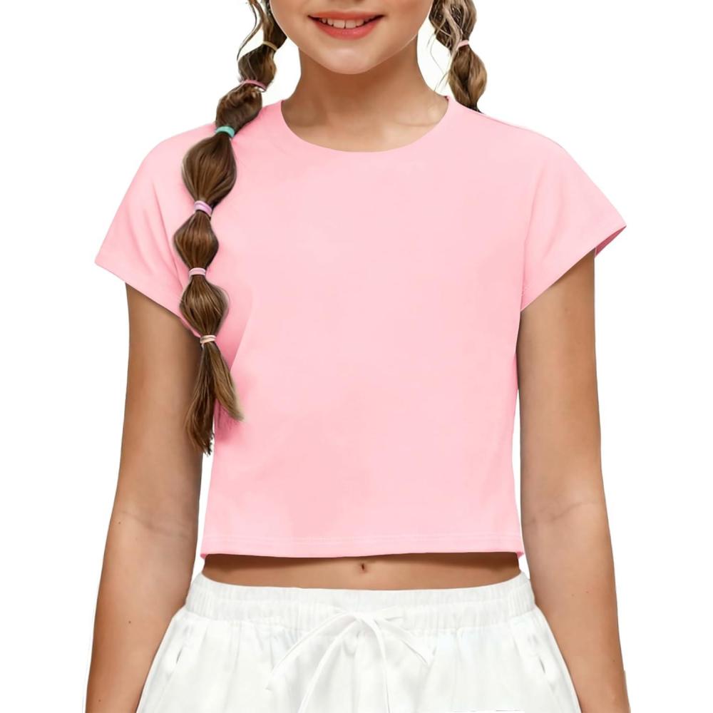 image:imageZaclotre Girls Crop Tops Batwing Short Sleeve T Shirt Quick Dry Drop Shoulder Basic Tees Workout Athletic ShirtsPink