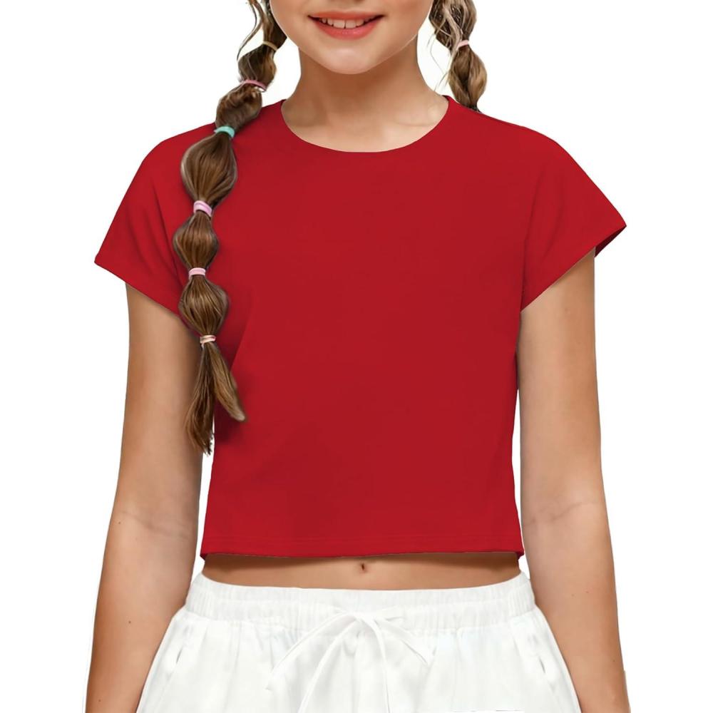 image:imageZaclotre Girls Crop Tops Batwing Short Sleeve T Shirt Quick Dry Drop Shoulder Basic Tees Workout Athletic ShirtsRed