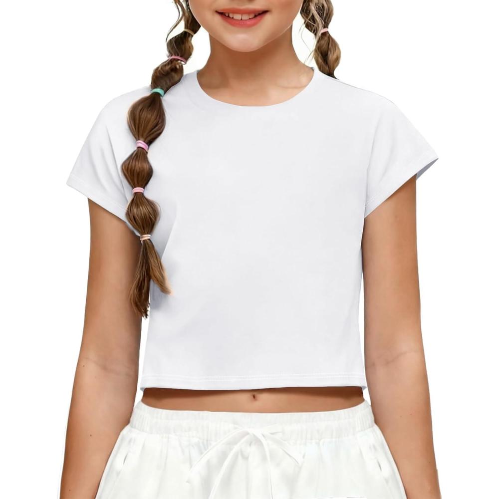 image:imageZaclotre Girls Crop Tops Batwing Short Sleeve T Shirt Quick Dry Drop Shoulder Basic Tees Workout Athletic ShirtsWhite
