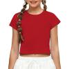 Zaclotre Girls Crop Tops Batwing Short Sleeve T Shirt Quick Dry Drop Shoulder Basic Tees Workout Athletic Shirts(Red)