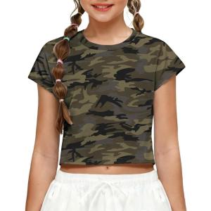 Zaclotre Girls Crop Tops Batwing Short Sleeve T Shirt Quick Dry Drop Shoulder Basic Tees Workout Athletic Shirts(Camouflage)