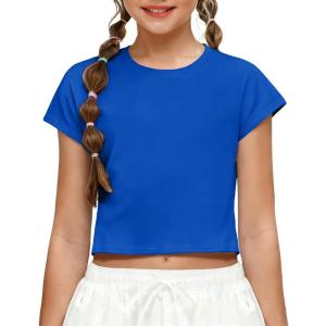 Zaclotre Girls Crop Tops Batwing Short Sleeve T Shirt Quick Dry Drop Shoulder Basic Tees Workout Athletic Shirts(Royal Blue)