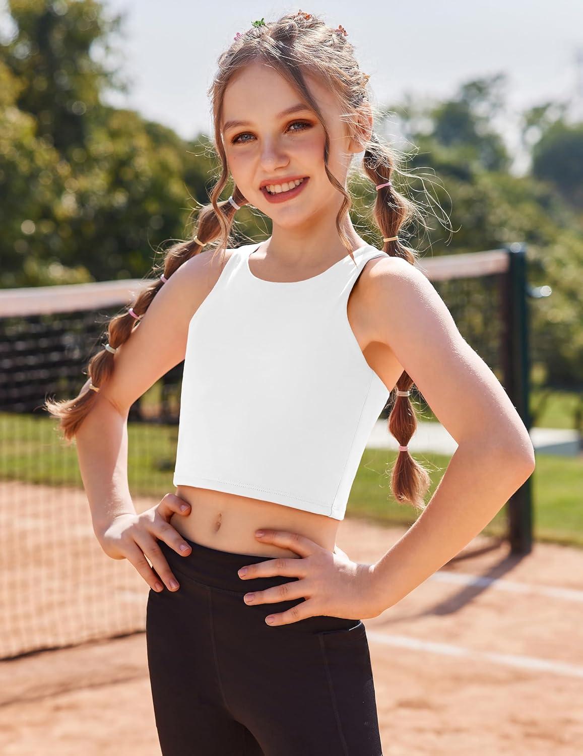 image:imageZaclotre Girls Tank Tops Sleeveless Racerback Crop Tops Double Lined Athletic Shirts for Dance Yoga Workout KidsWhite